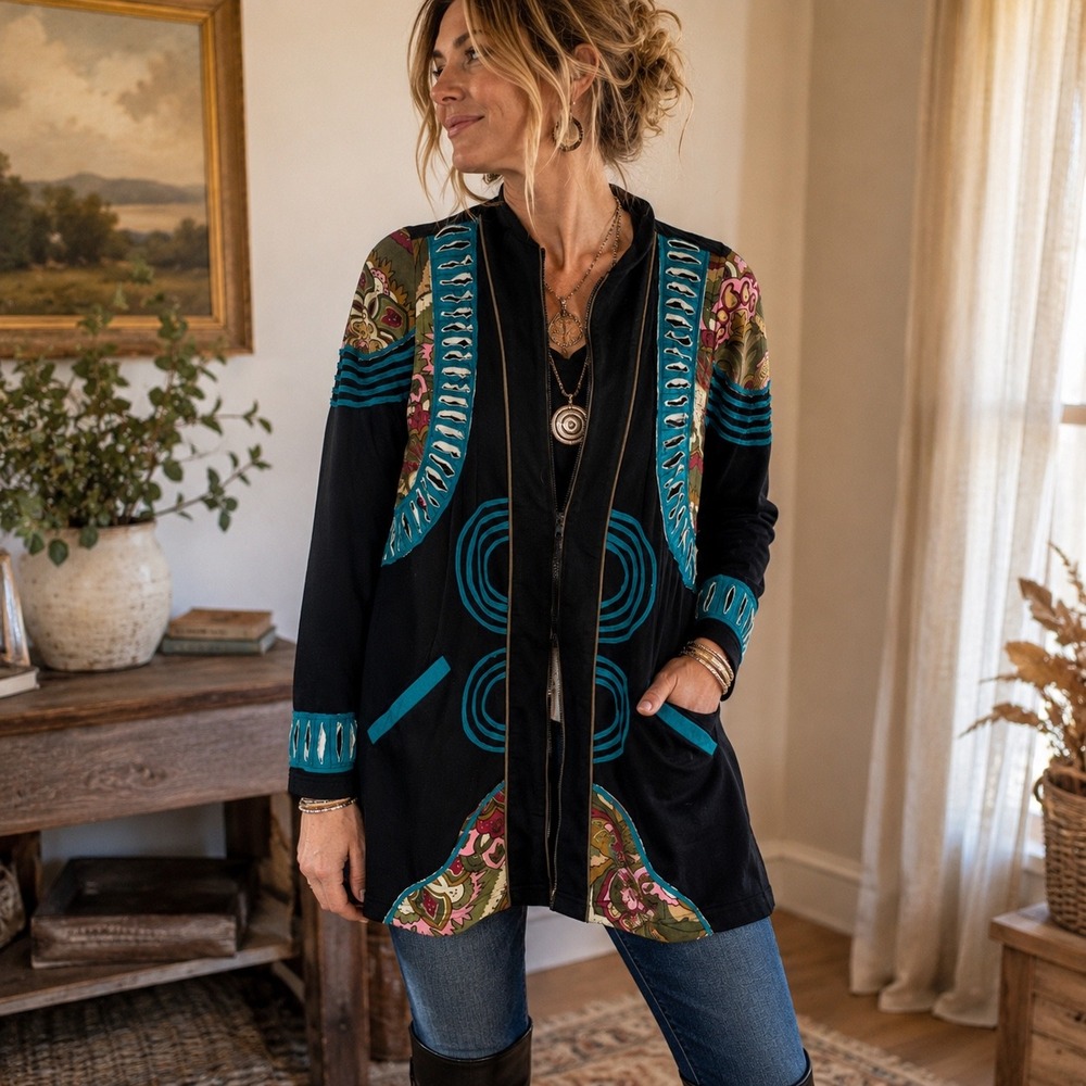 Parsley & Sage Medium Turquoise Floral Patchwork Zip Jacket Boho Art to Wear